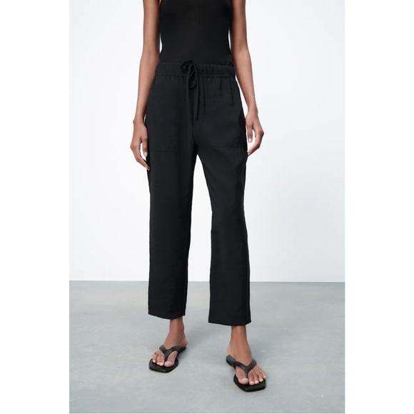 ZARA Black Drawstring Pants Relaxed Fit Cropped Minimalist Casual Size S - Picture 6 of 10